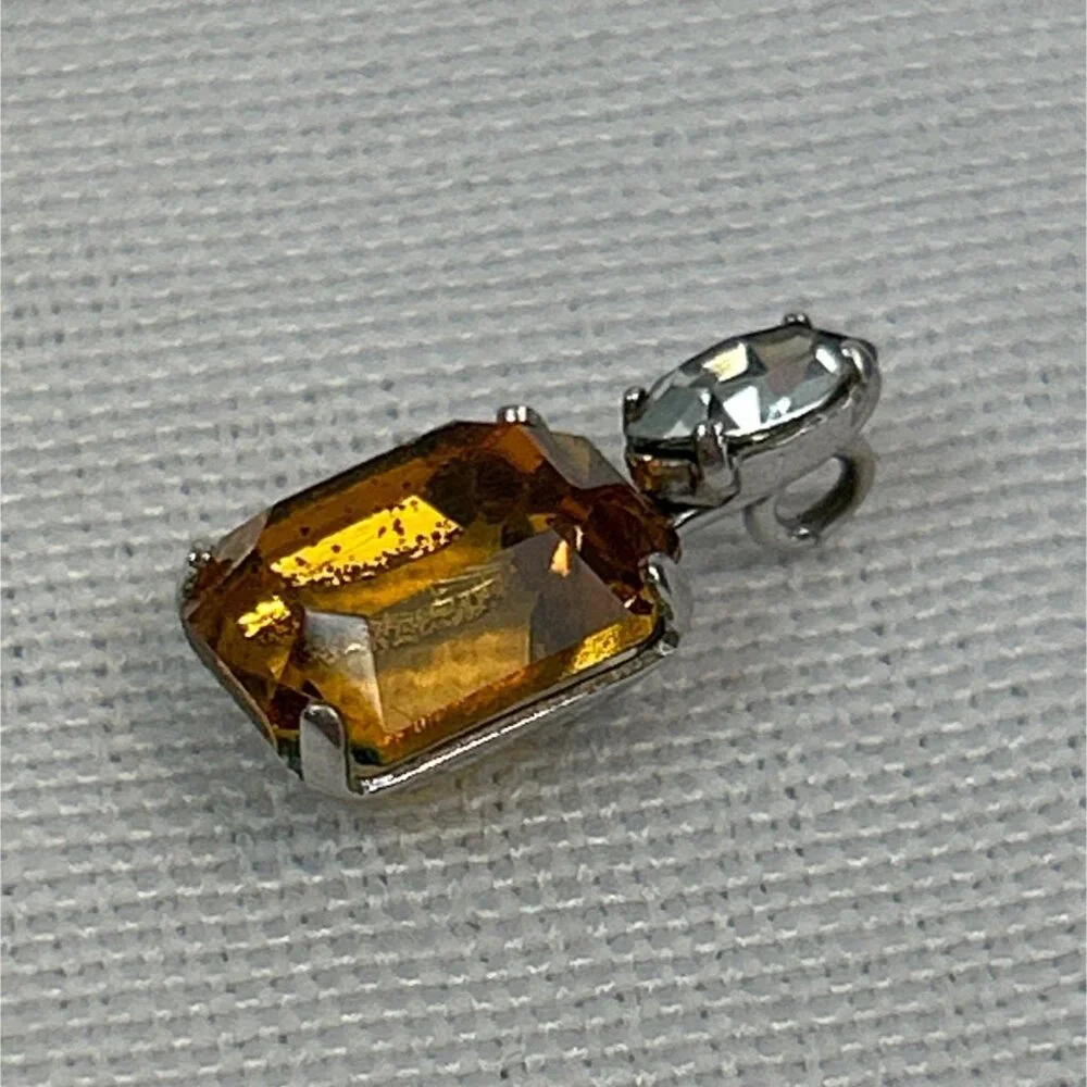 Silver Tone Pendant Emerald Cut Amber Color Gemstone Small Clear Accent Stone - Picture 3 of 4